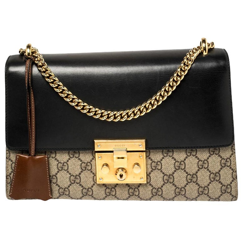 Gucci Beige/Black GG Supreme Canvas and Leather Medium Padlock Shoulder