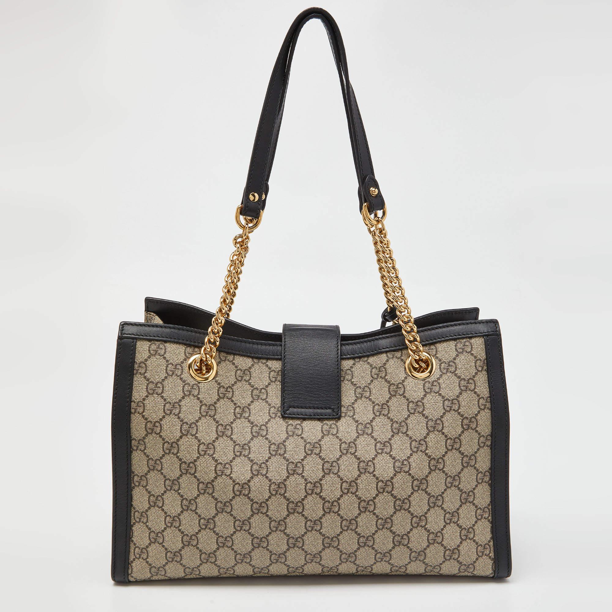Brown Gucci Beige/Black GG Supreme Canvas and Leather Medium Padlock Tote