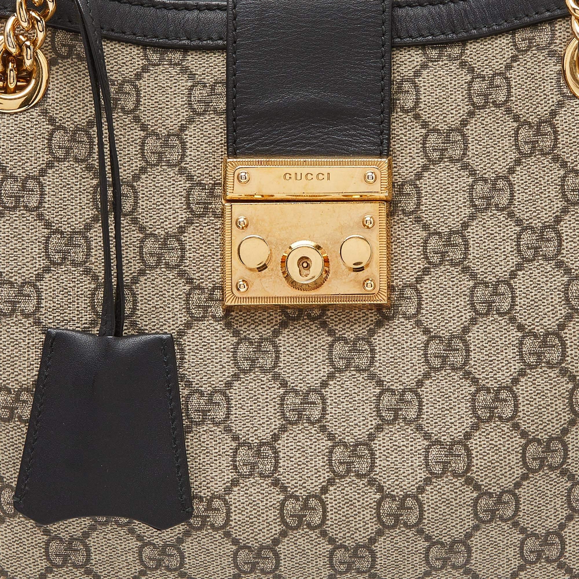 Women's Gucci Beige/Black GG Supreme Canvas and Leather Medium Padlock Tote