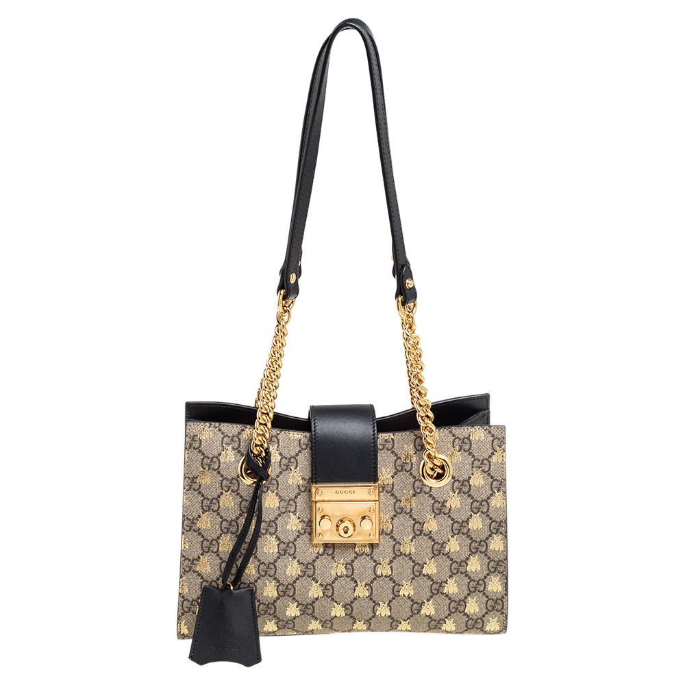 Gucci Brown Soft GG Supreme Bee Tote Gold Hardware, 2010's