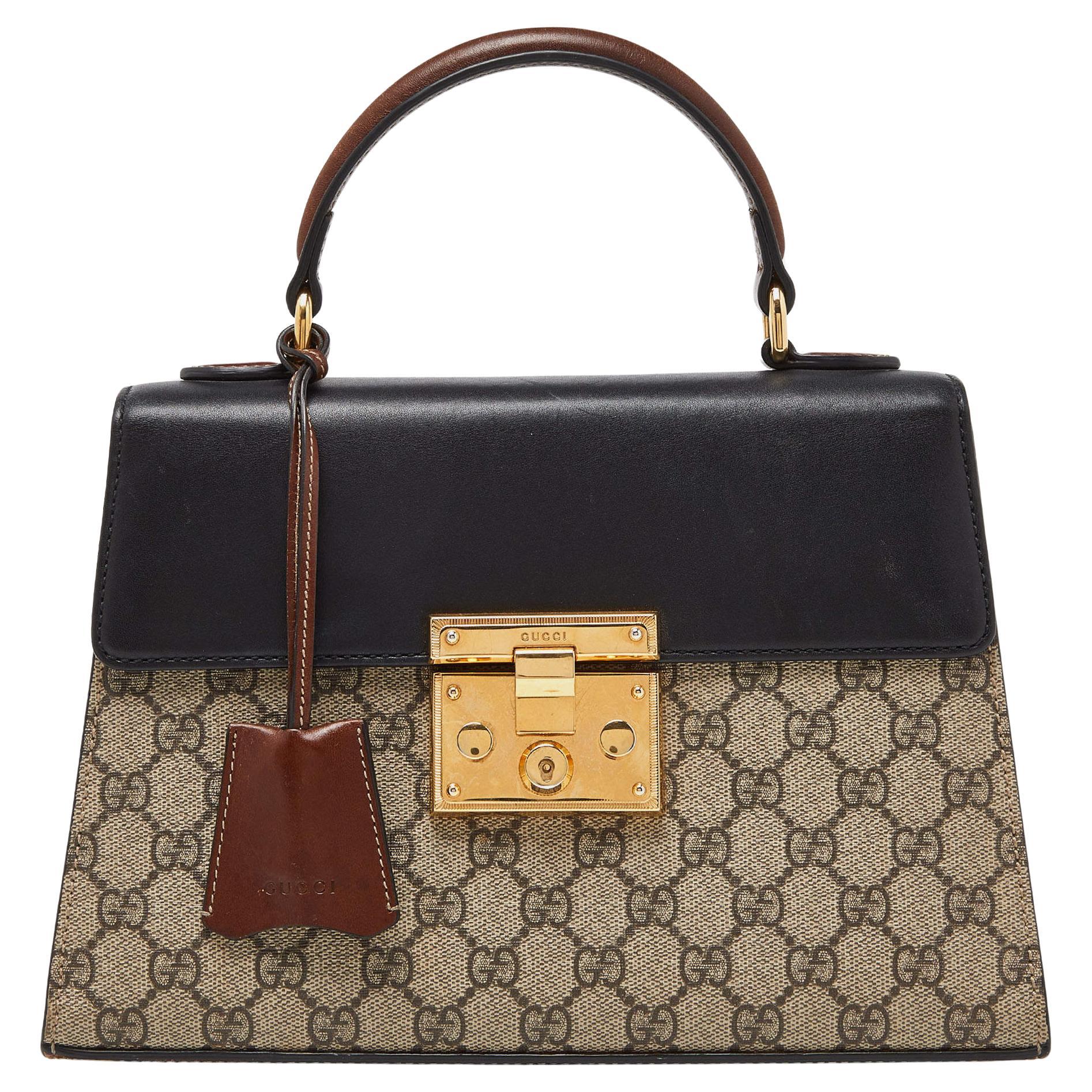 Gucci Beige/Black GG Supreme Canvas and Leather Small Padlock Top Handle Bag For Sale
