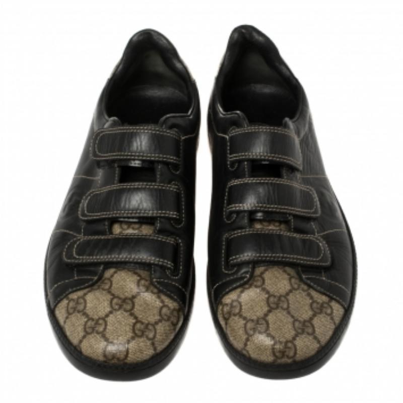 Gucci Beige/Schwarze GG Supreme Canvas And Leder Velcro Turnschuhe Größe 40 im Angebot 1