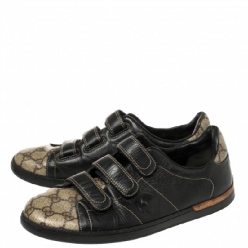 Gucci Beige/Schwarze GG Supreme Canvas And Leder Velcro Turnschuhe Größe 40 im Angebot 3