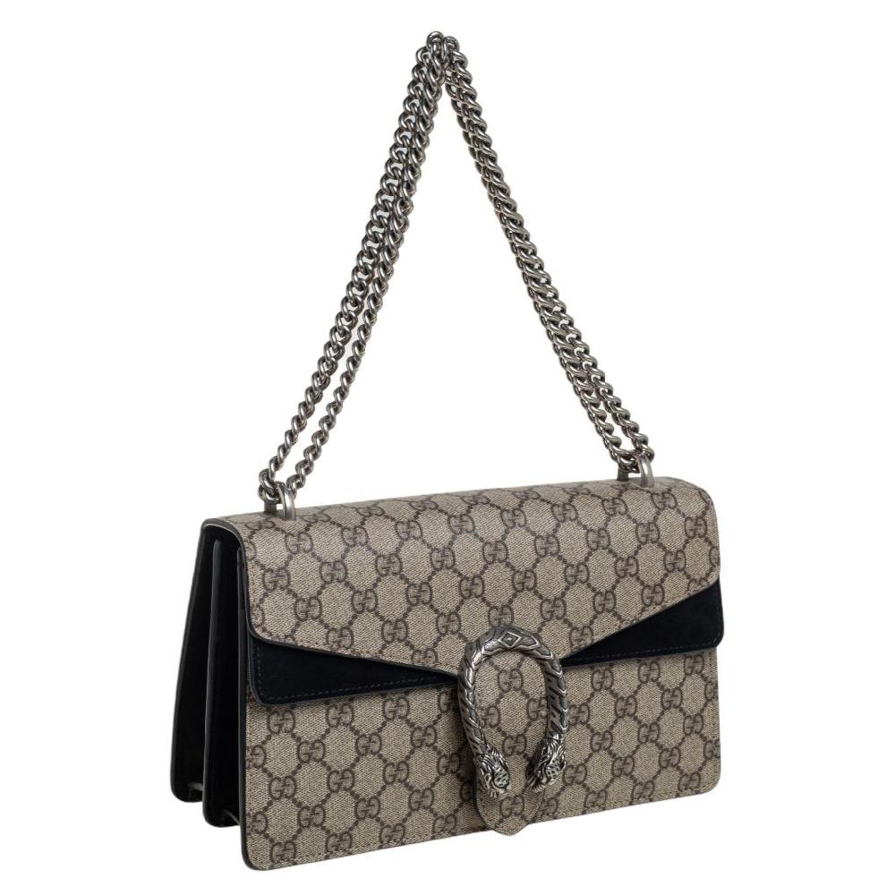 Gray Gucci Beige/Black GG Supreme Canvas and Suede Small Dionysus Shoulder Bag