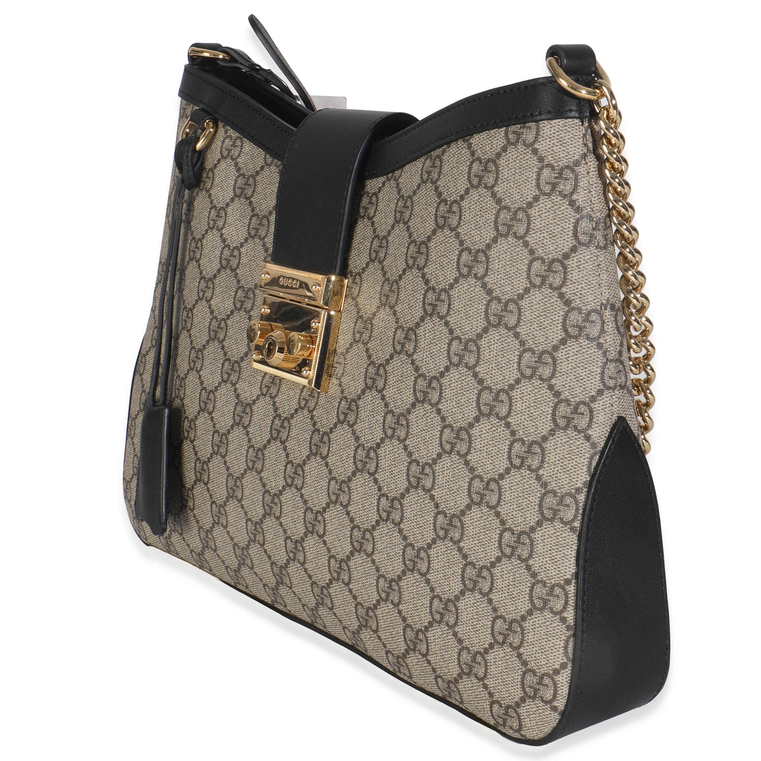 Gucci Beige Black GG Supreme Monogram Canvas Medium Padlock Shoulder Bag Excellent état - En vente à New York, NY