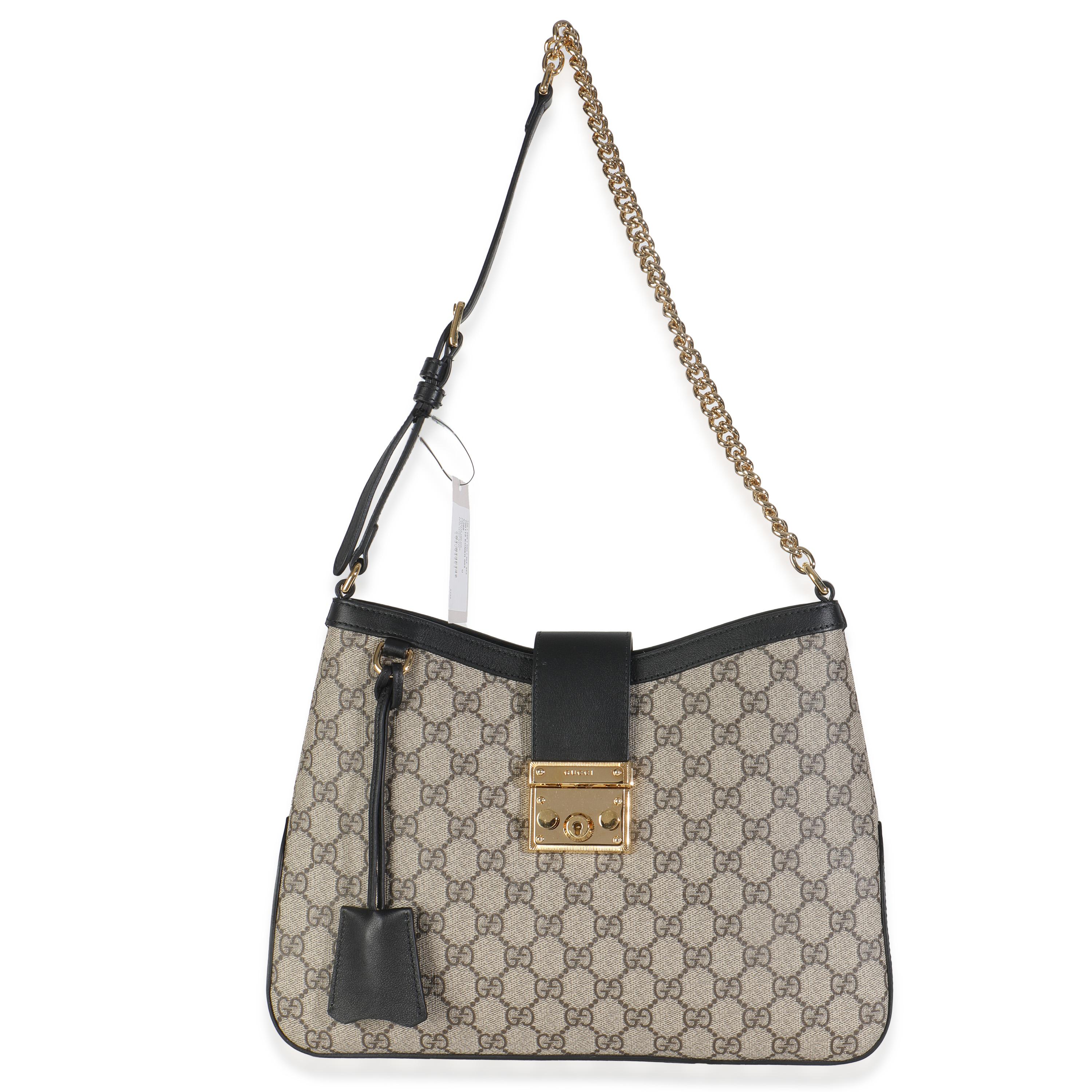 Gucci Beige Black GG Supreme Monogram Canvas Medium Padlock Shoulder Bag en vente 1