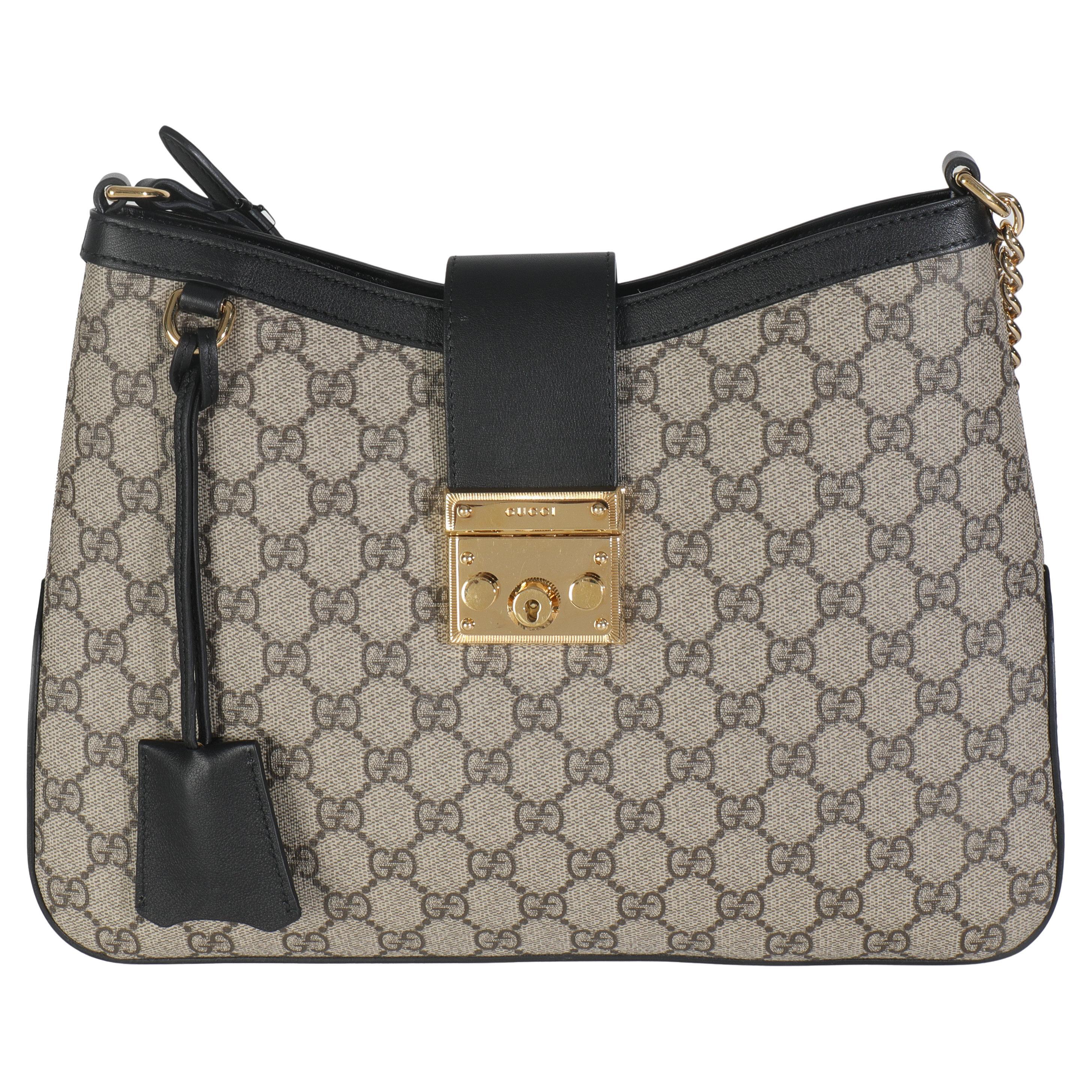 Gucci Beige Black GG Supreme Monogram Canvas Medium Padlock Shoulder Bag