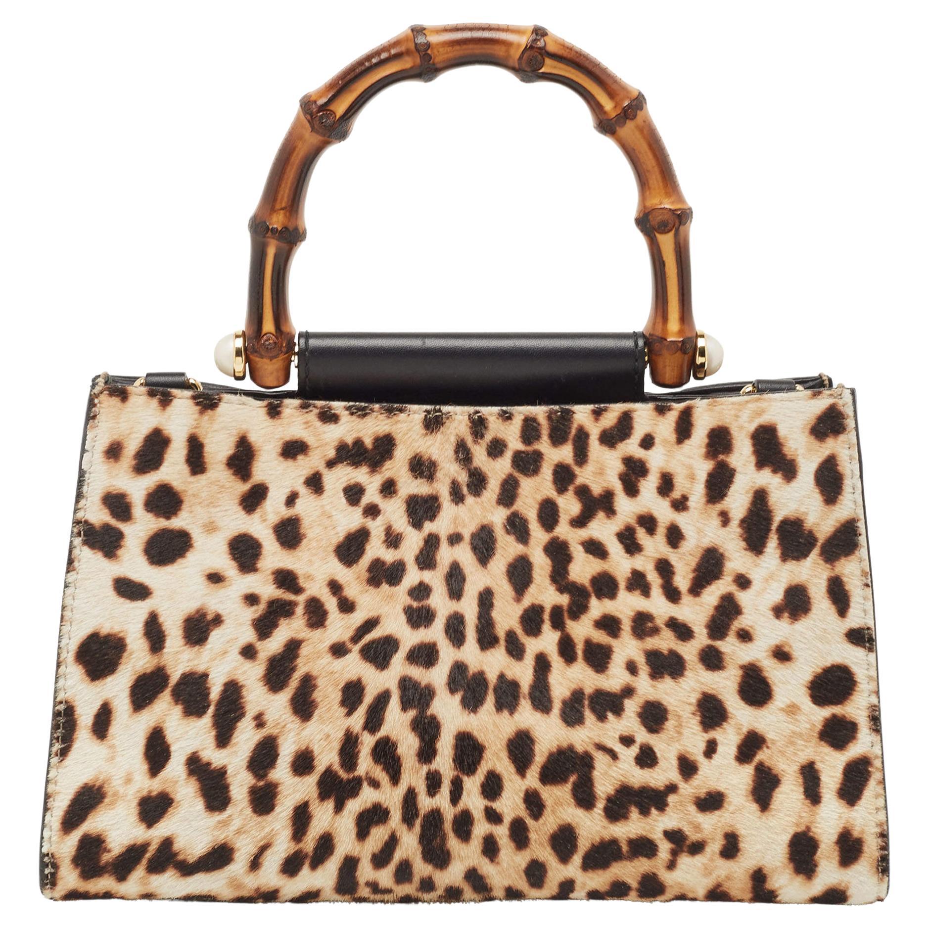 Gucci Beige/Black Leopard Print Calfhair and Leather Mini Nymphaea Bamboo  For Sale