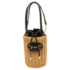 Vintage Gucci Beige/Black Wicker and Leather Horsebit 1955 Bucket Bag