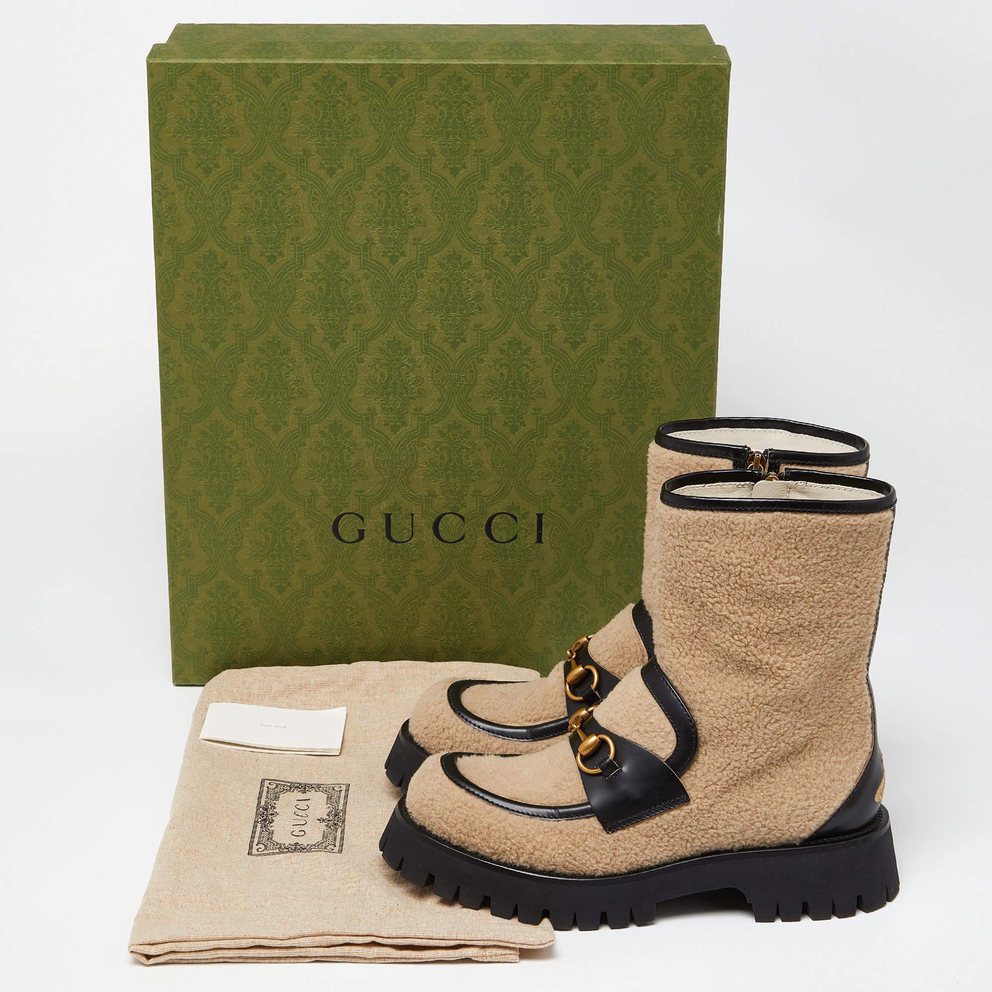 Gucci Beige/Black Wool and Leather Bee Embroidered Horsebit Ankle Boots Size 39 7