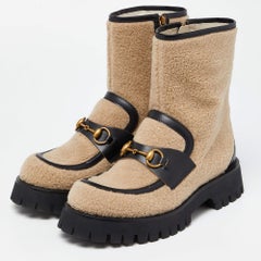Gucci Beige/Black Wool and Leather Bee Embroidered Horsebit Ankle Boots Size 39