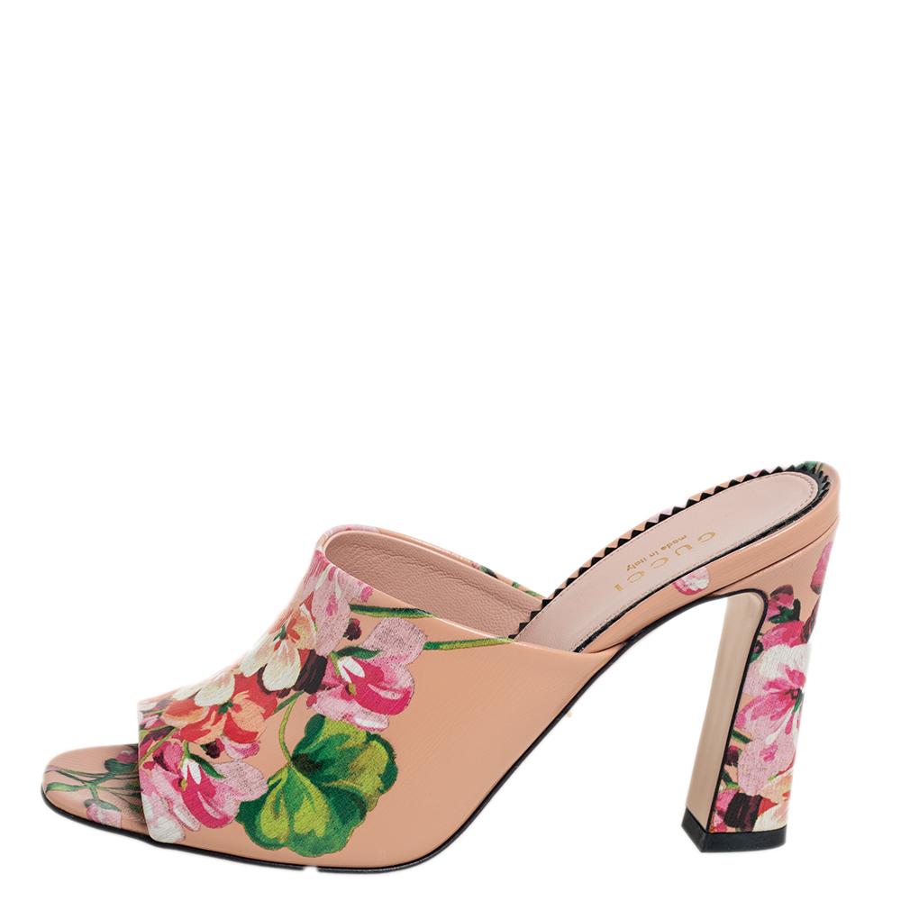 Women's Gucci Beige Bloom Floral Print Leather Slide Sandals Size 37
