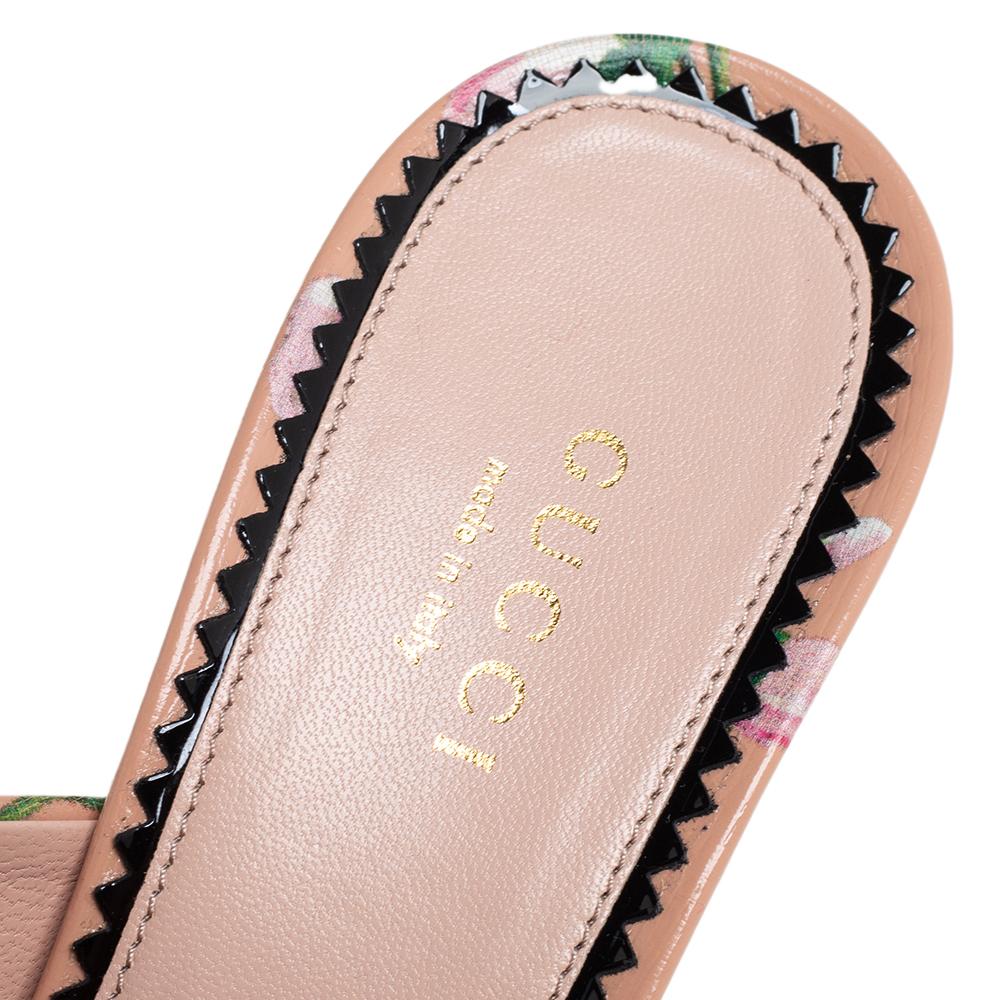 Gucci Beige Bloom Floral Print Leather Slide Sandals Size 37 2