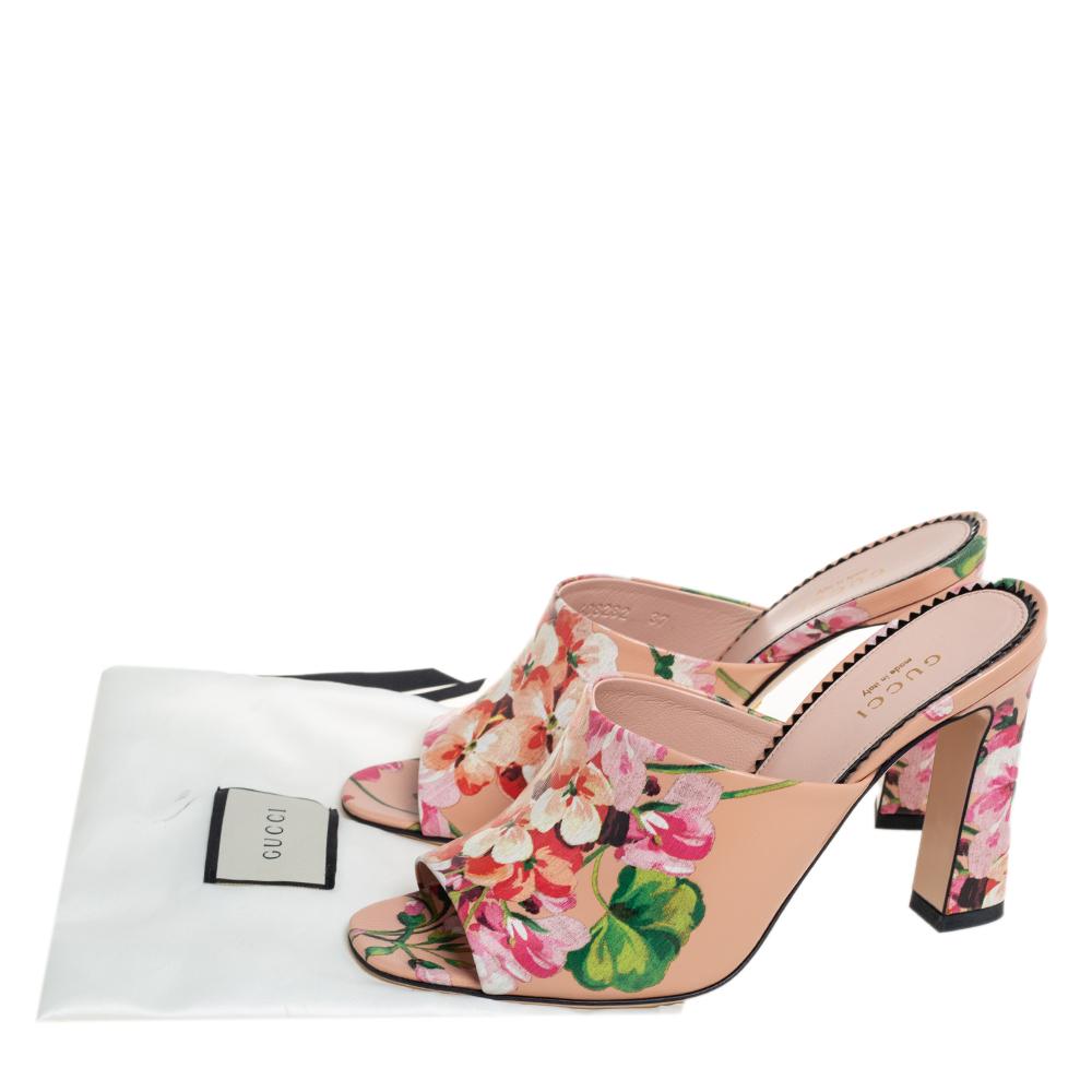 Gucci Beige Bloom Floral Print Leather Slide Sandals Size 37 4
