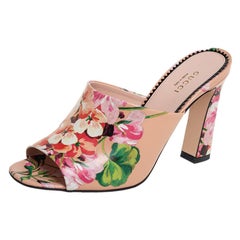 Gucci Beige Bloom Floral Print Leather Slide Sandals Size 37