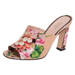 Gucci Beige Bloom Floral Print Leather Slide Sandals Size 37