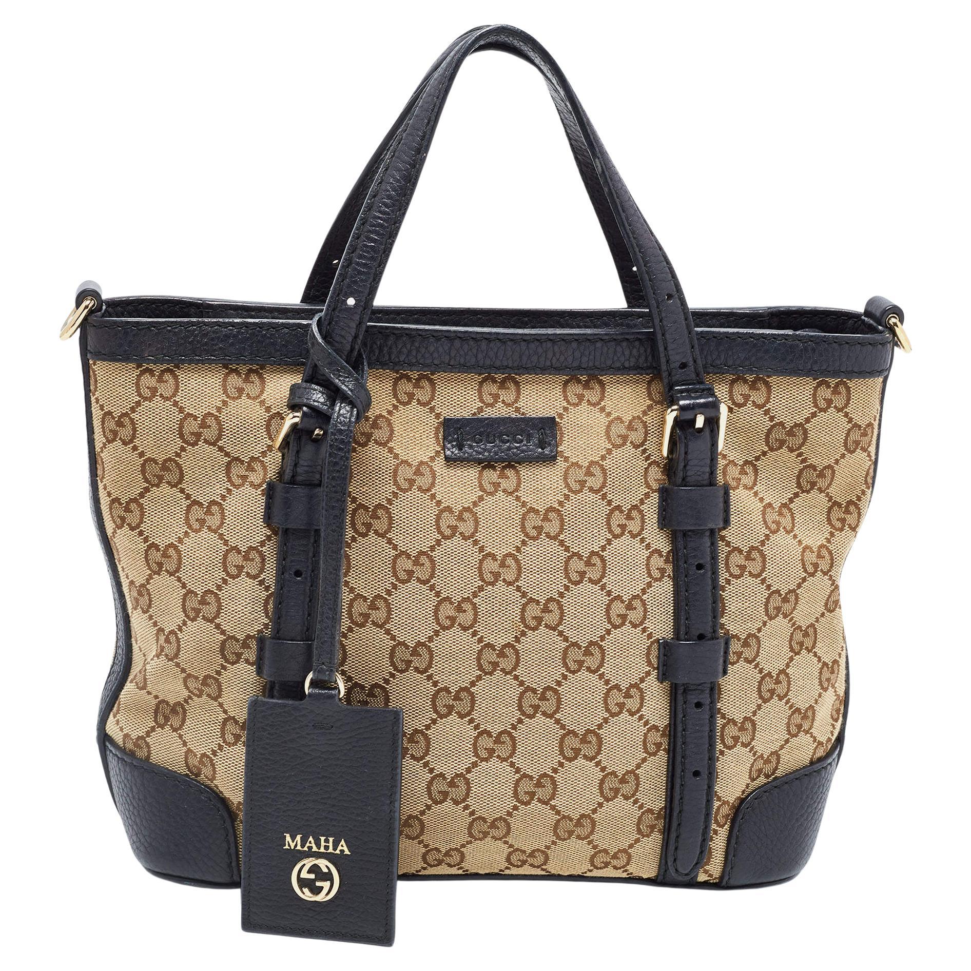 Gucci Beige/Blue Canvas and Leather Classic Tote For Sale at 1stDibs
