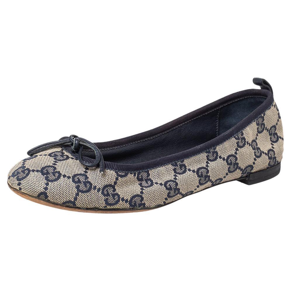 Gucci Beige Blue GG Canvas And Leather Bow Ballet Flats Size 36