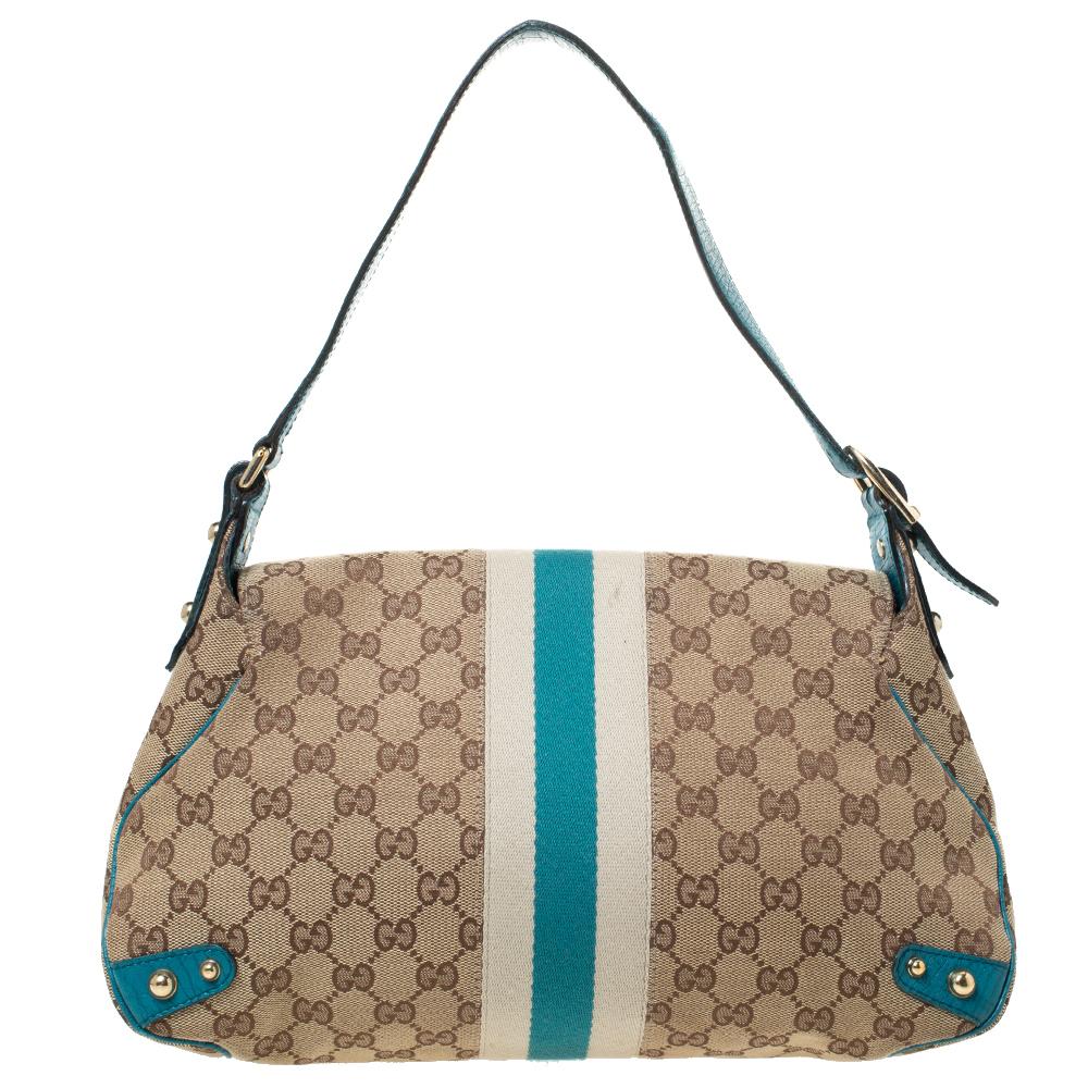 Gucci Beige/Blue GG Canvas and Leather Flap Horsebit Shoulder Bag 5