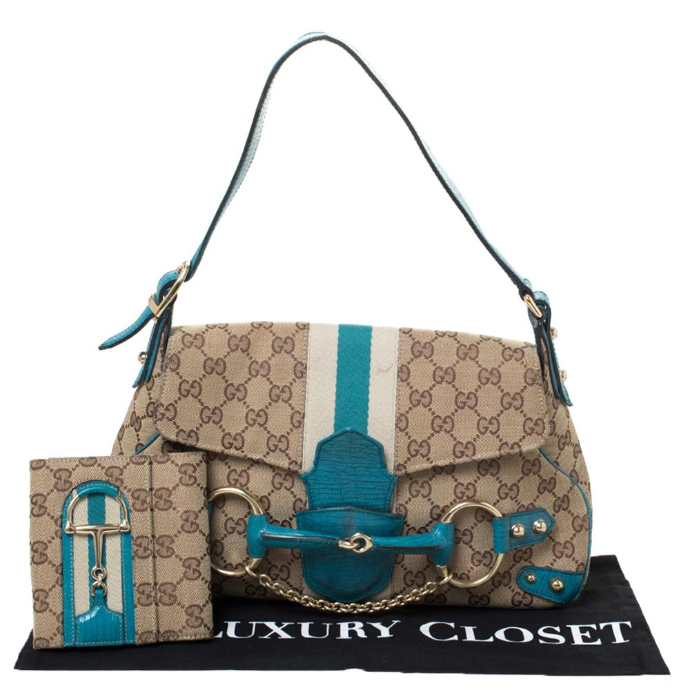 Gucci Beige/Blue GG Canvas and Leather Flap Horsebit Shoulder Bag 7