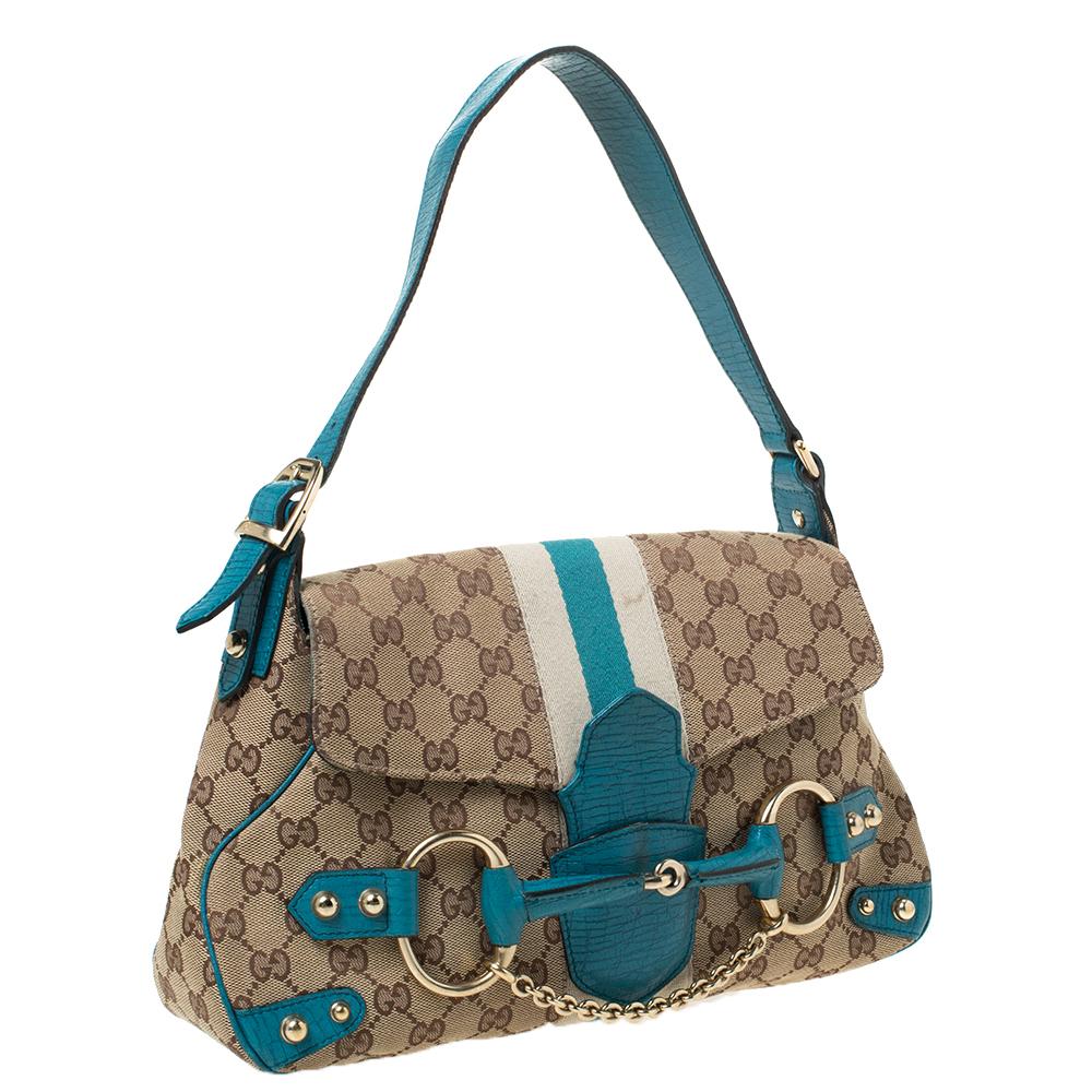 Brown Gucci Beige/Blue GG Canvas and Leather Flap Horsebit Shoulder Bag