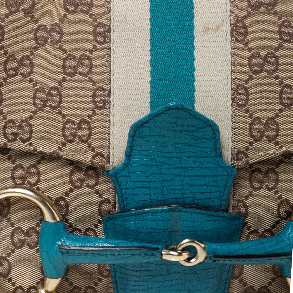 Gucci Beige/Blue GG Canvas and Leather Flap Horsebit Shoulder Bag In Good Condition In Dubai, Al Qouz 2