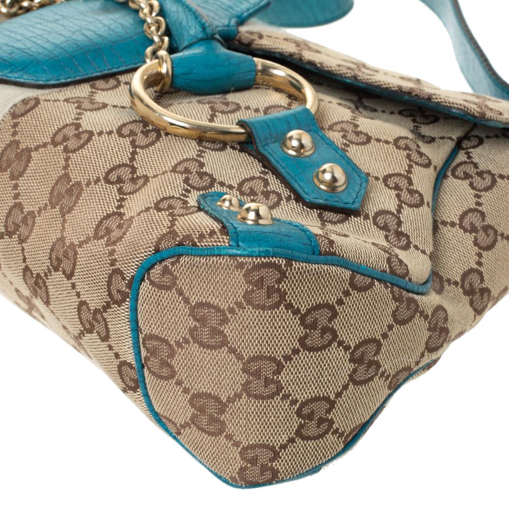 Women's Gucci Beige/Blue GG Canvas and Leather Flap Horsebit Shoulder Bag