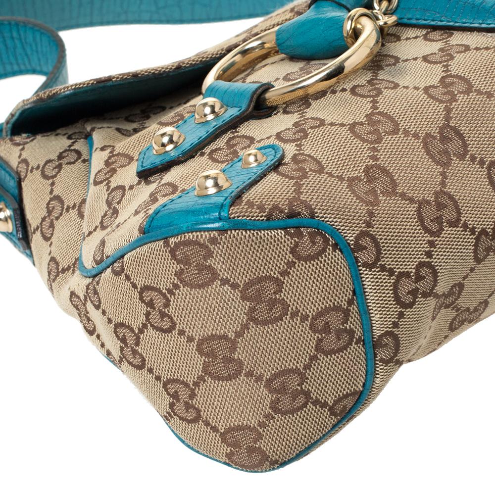 Gucci Beige/Blue GG Canvas and Leather Flap Horsebit Shoulder Bag 1