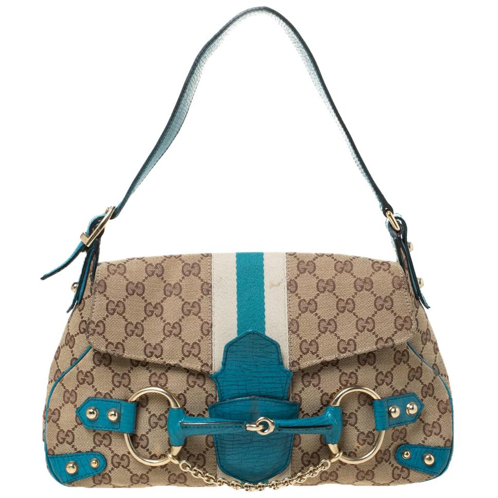 Gucci Beige/Blue GG Canvas and Leather Flap Horsebit Shoulder Bag