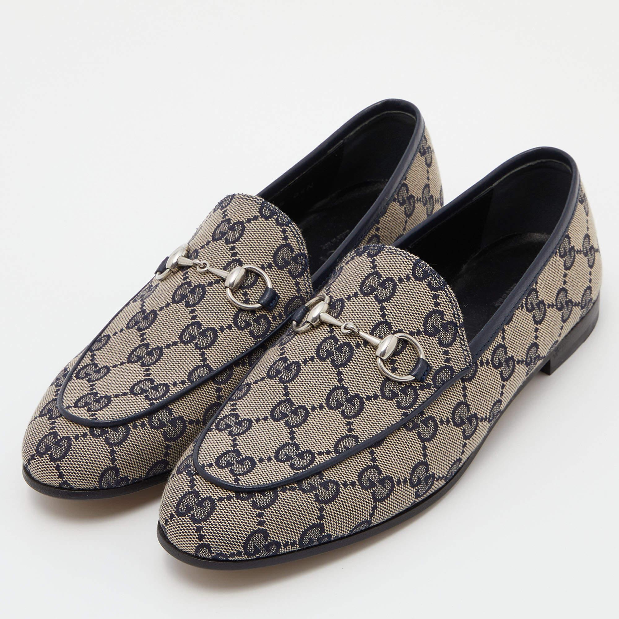 Women's Gucci Beige/Blue GG Canvas and Leather Jordaan Horsebit Loafers Size 37.5