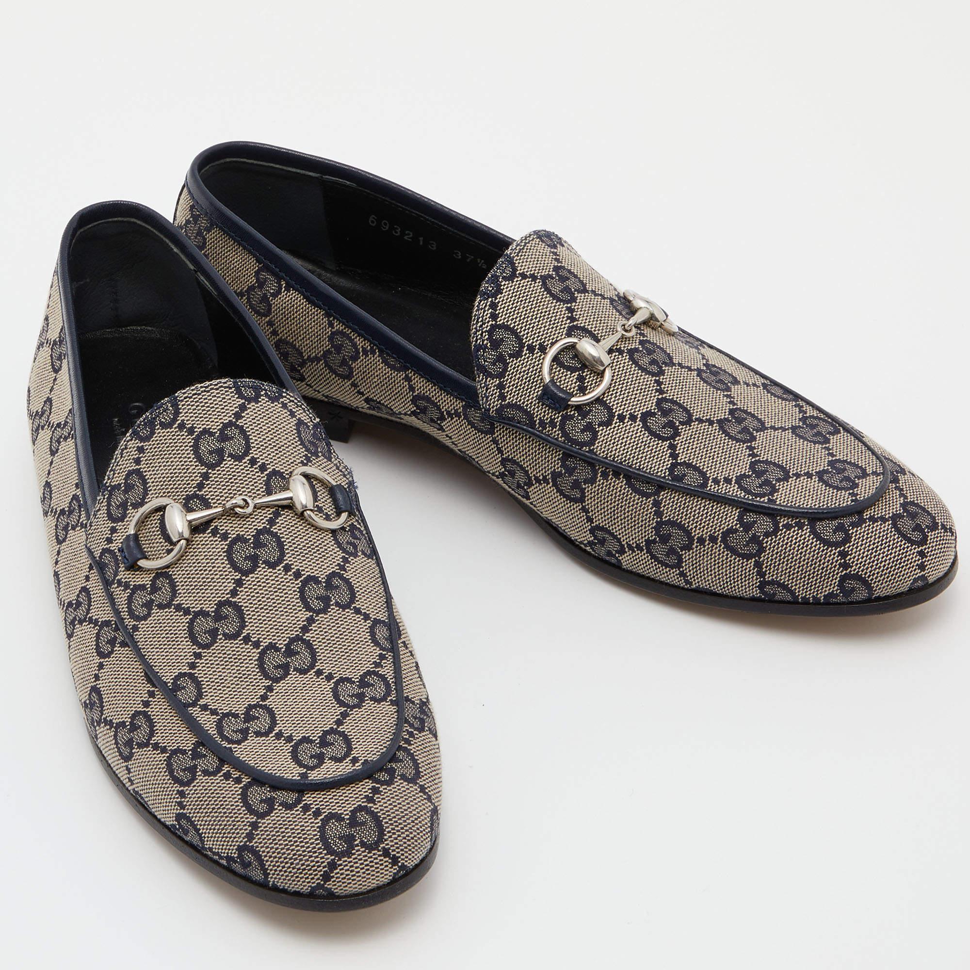 Gucci Beige/Blue GG Canvas and Leather Jordaan Horsebit Loafers Size 37.5 1