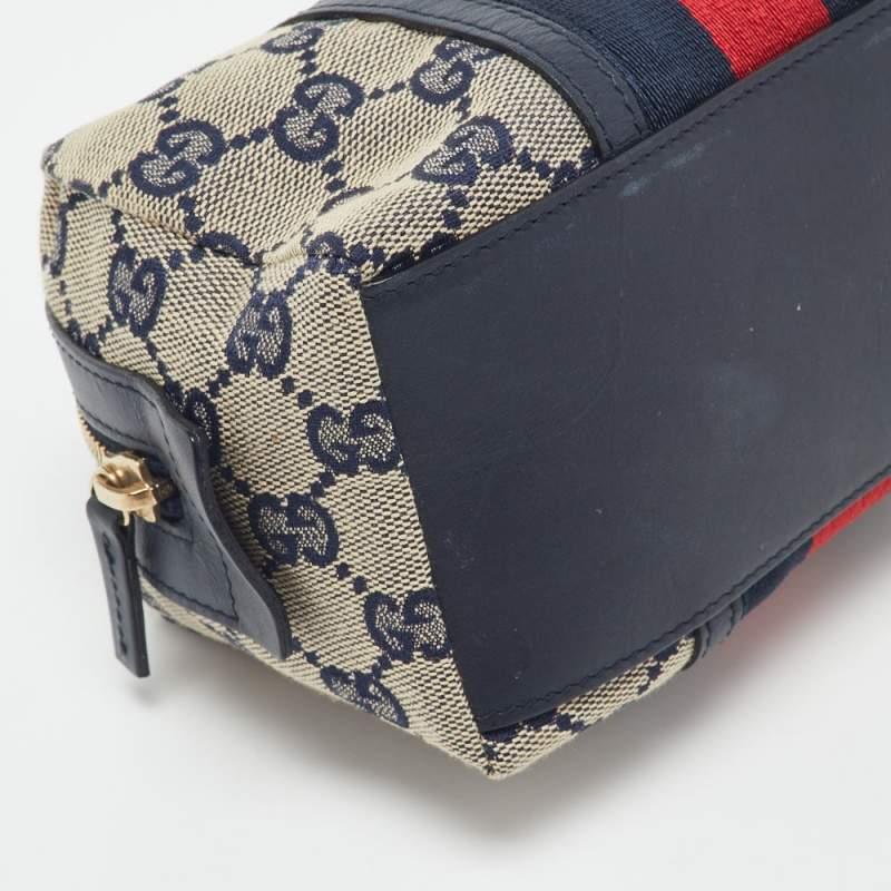 Gucci Beige/Blue GG Canvas and Leather Web Cosmetic Pouch For Sale 1