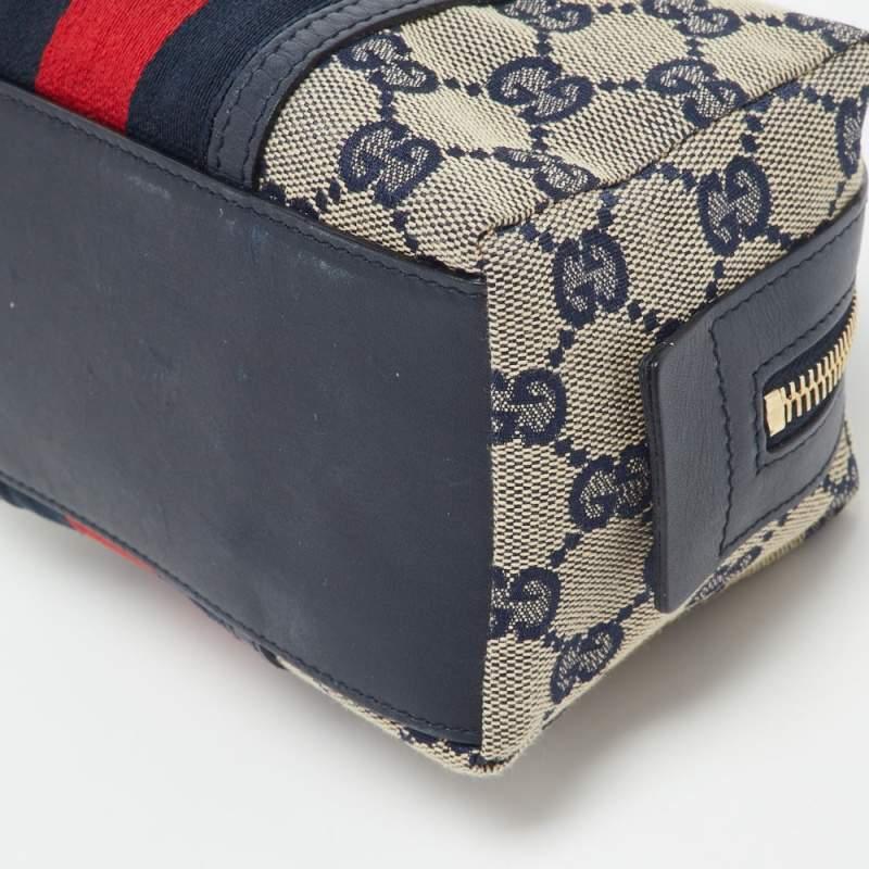 Gucci Beige/Blue GG Canvas and Leather Web Cosmetic Pouch For Sale 2
