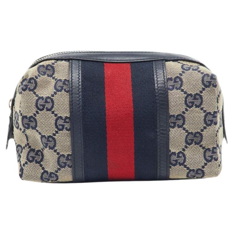 Gucci Beige/Blue GG Canvas and Leather Web Cosmetic Pouch For Sale