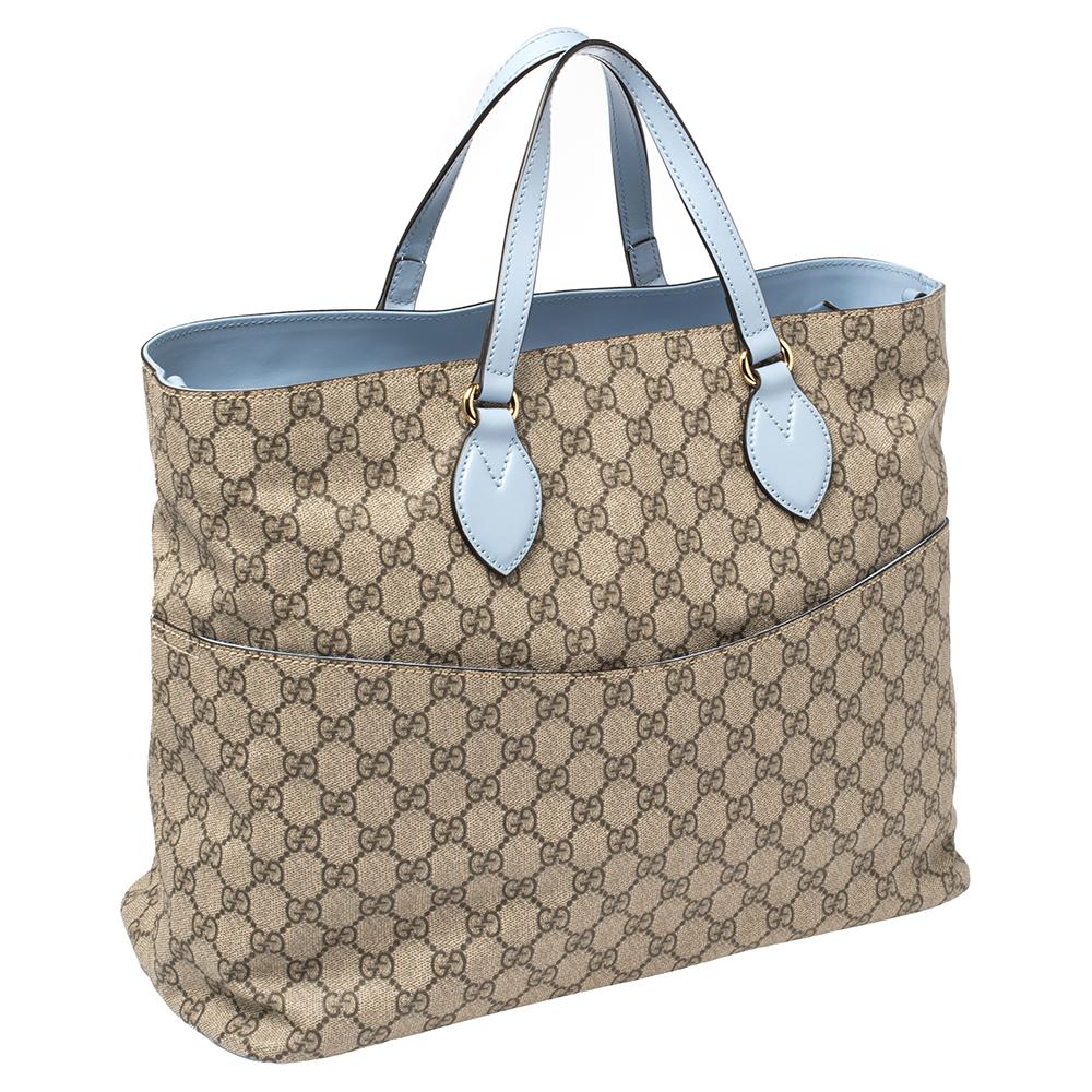 Gray Gucci Beige/Blue GG Supreme Canvas and Leather Diaper Bag