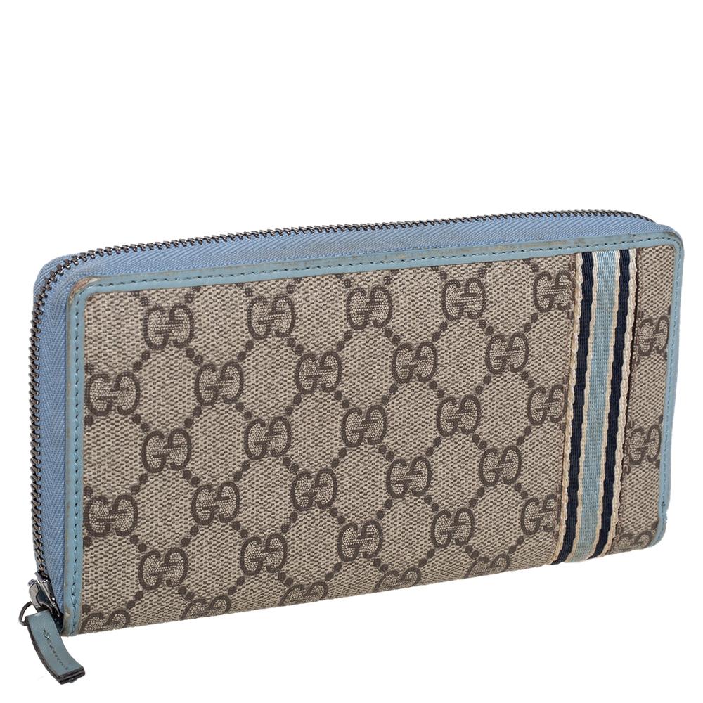 Gray Gucci Beige/Blue GG Supreme Canvas and Leather Zip Around Wallet