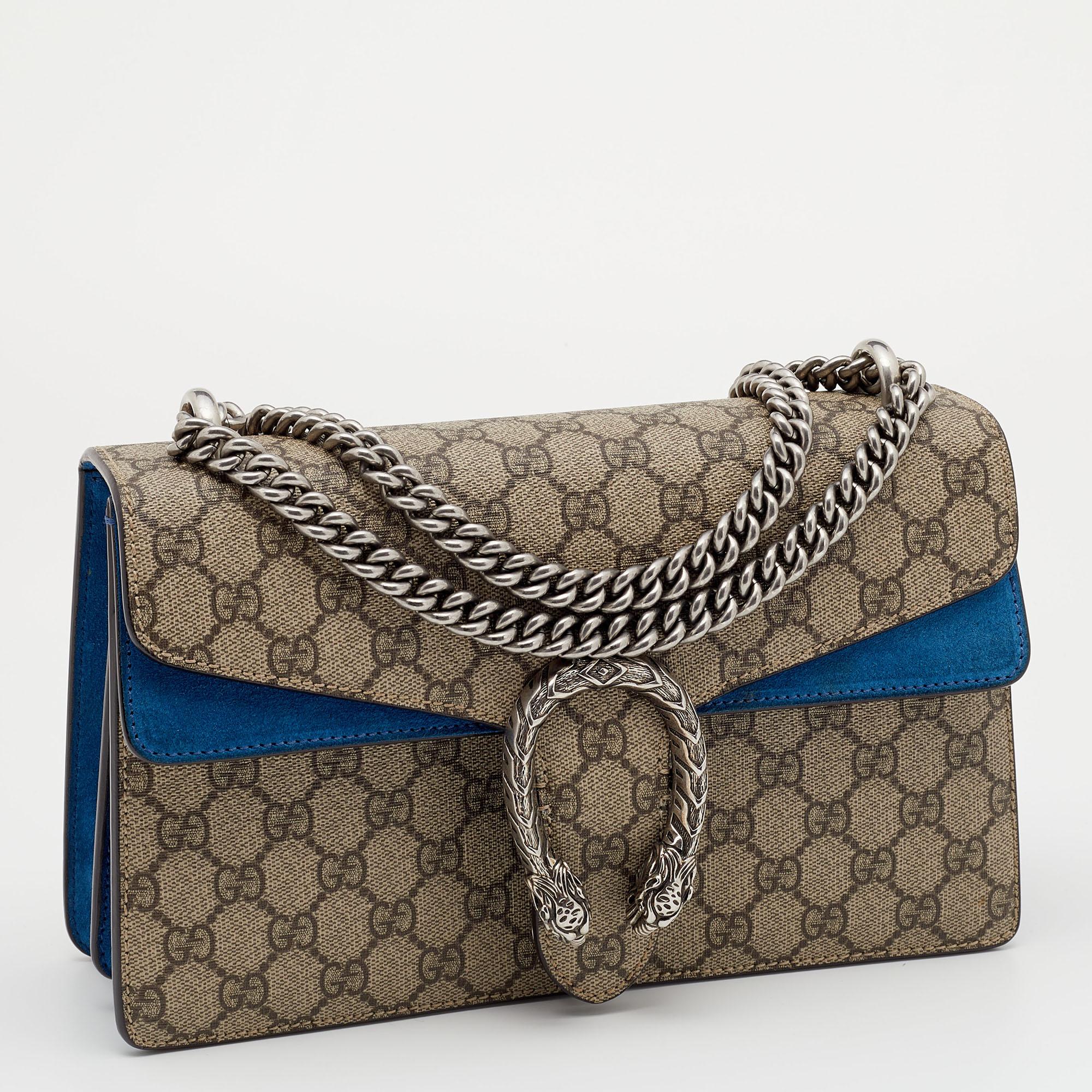 Gucci Beige/Blue GG Supreme Canvas And Suede Medium Dionysus Shoulder Bag In Good Condition In Dubai, Al Qouz 2