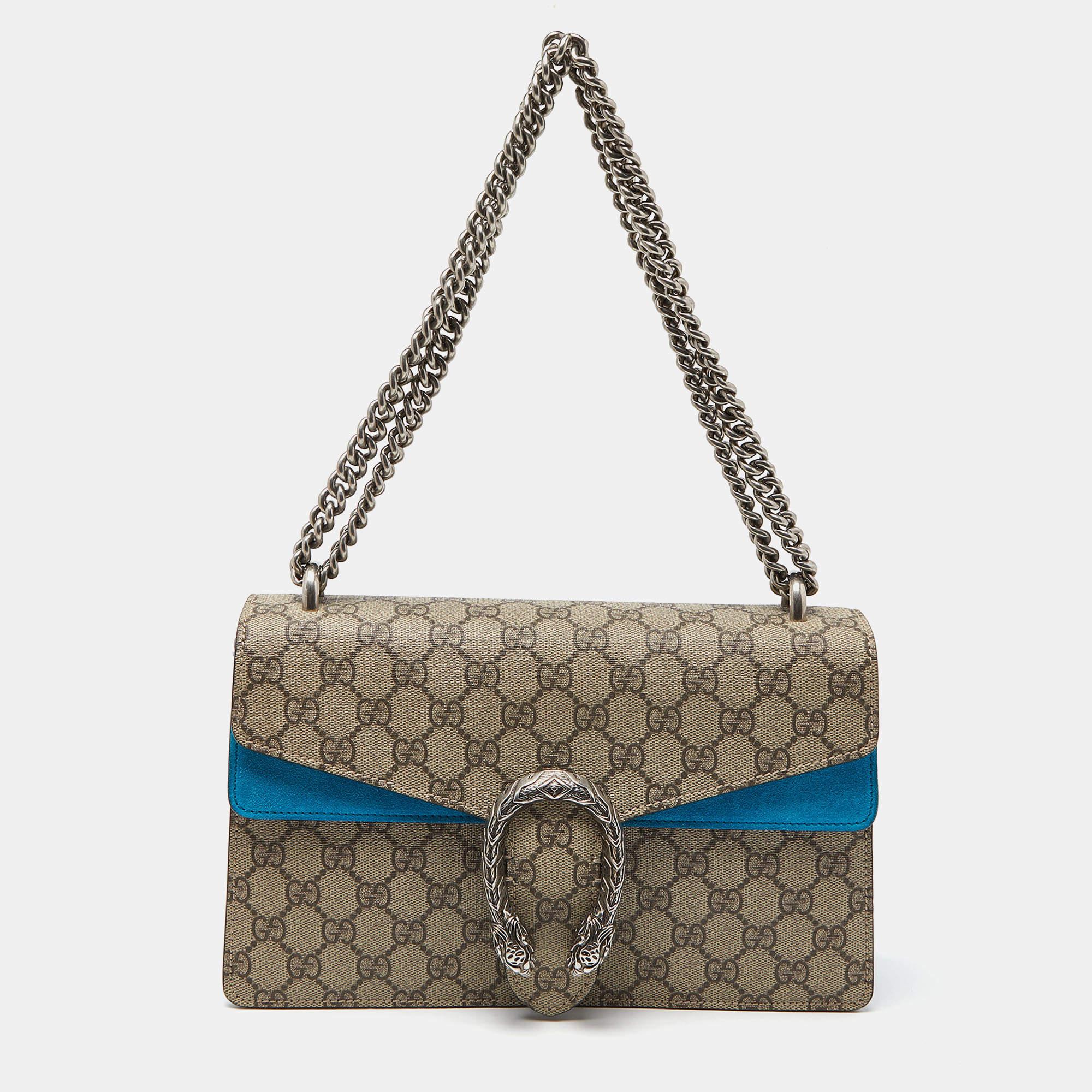 Gucci Beige/Blue GG Supreme Canvas and Suede Small Dionysus Shoulder Bag For Sale 8