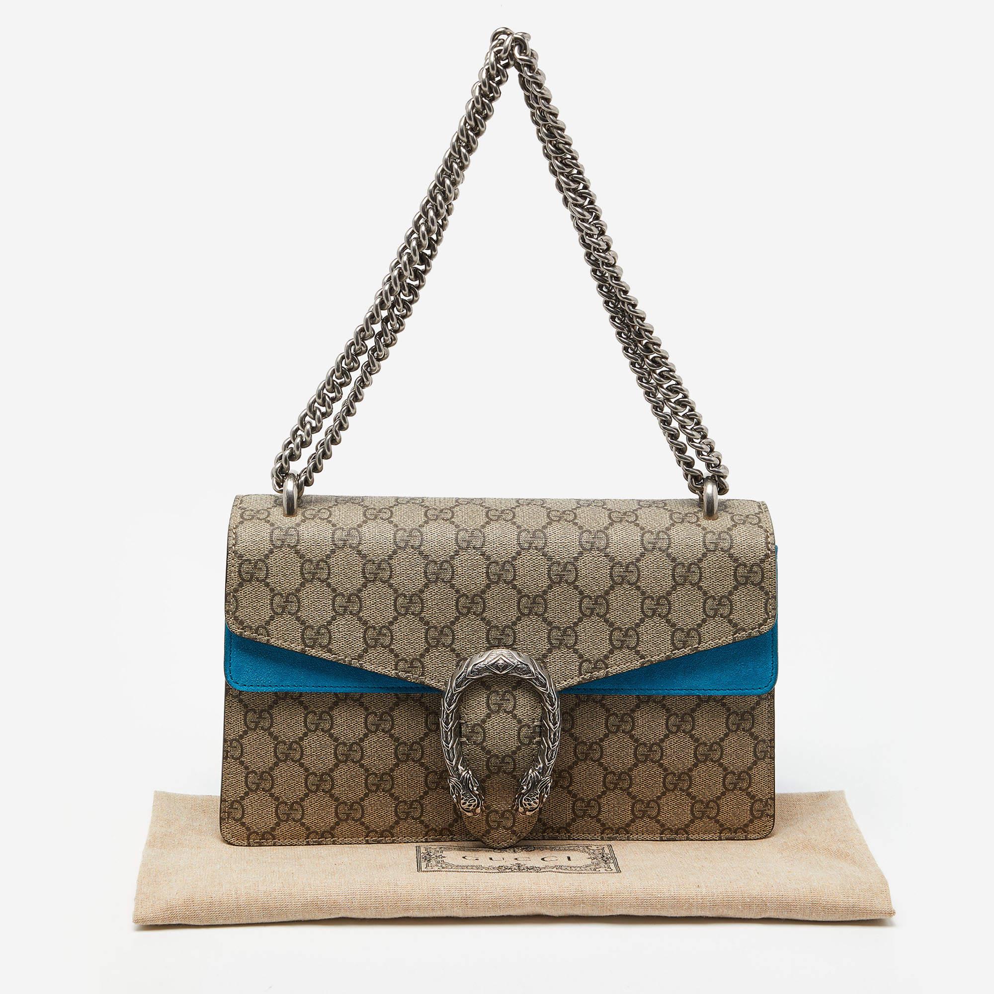 Gucci Beige/Blue GG Supreme Canvas and Suede Small Dionysus Shoulder Bag For Sale 9
