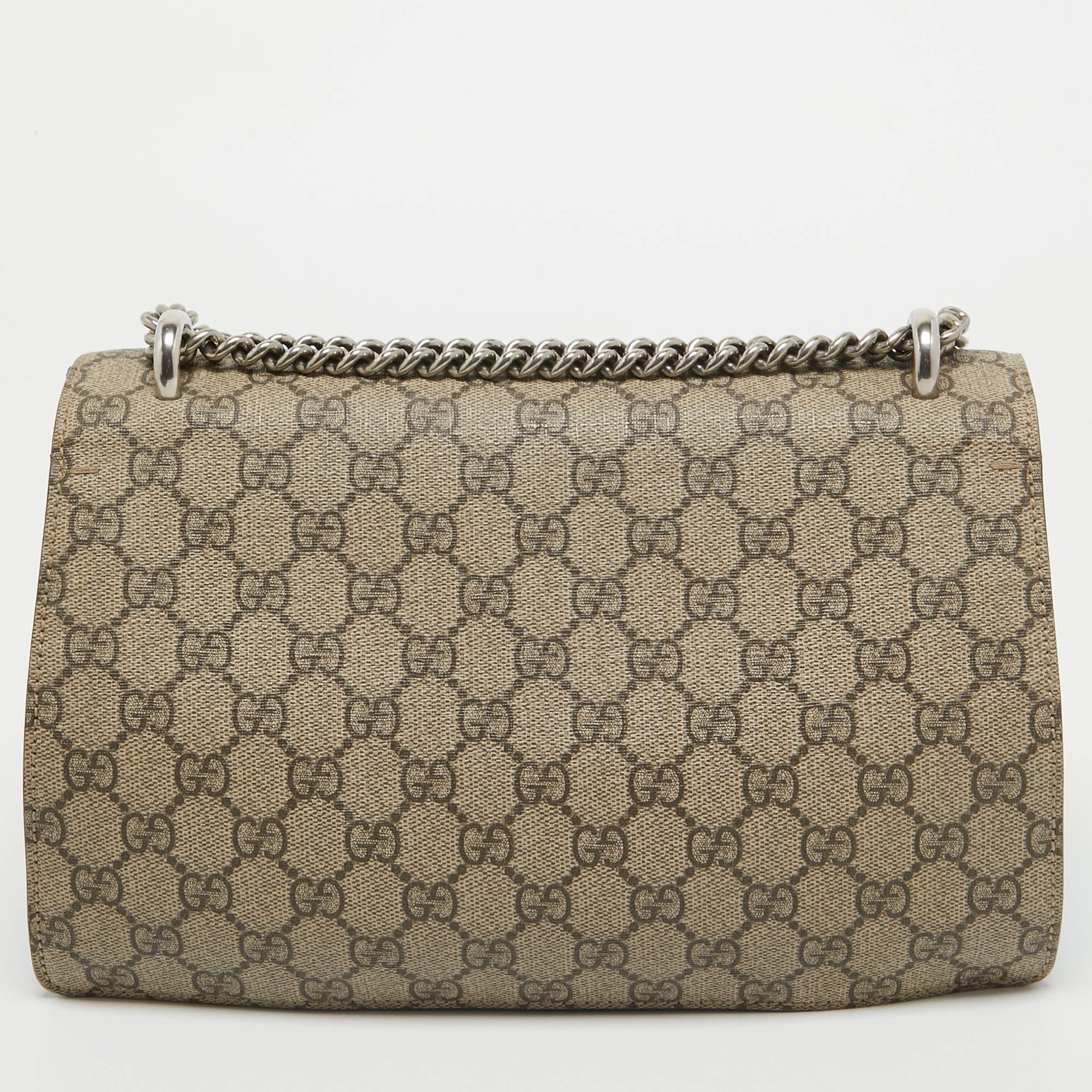 Gucci's Dionysus collection is inspired by the Greek God Dionysus, who is believed to have crossed the Tigris river on a tiger sent to him by Zeus. This creation has been beautifully made from GG Supreme canvas and suede and beautifully merges the