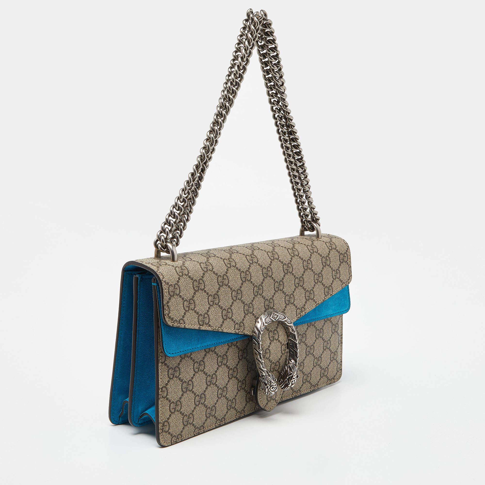 Gucci Beige/Blue GG Supreme Canvas and Suede Small Dionysus Shoulder Bag In New Condition For Sale In Dubai, Al Qouz 2