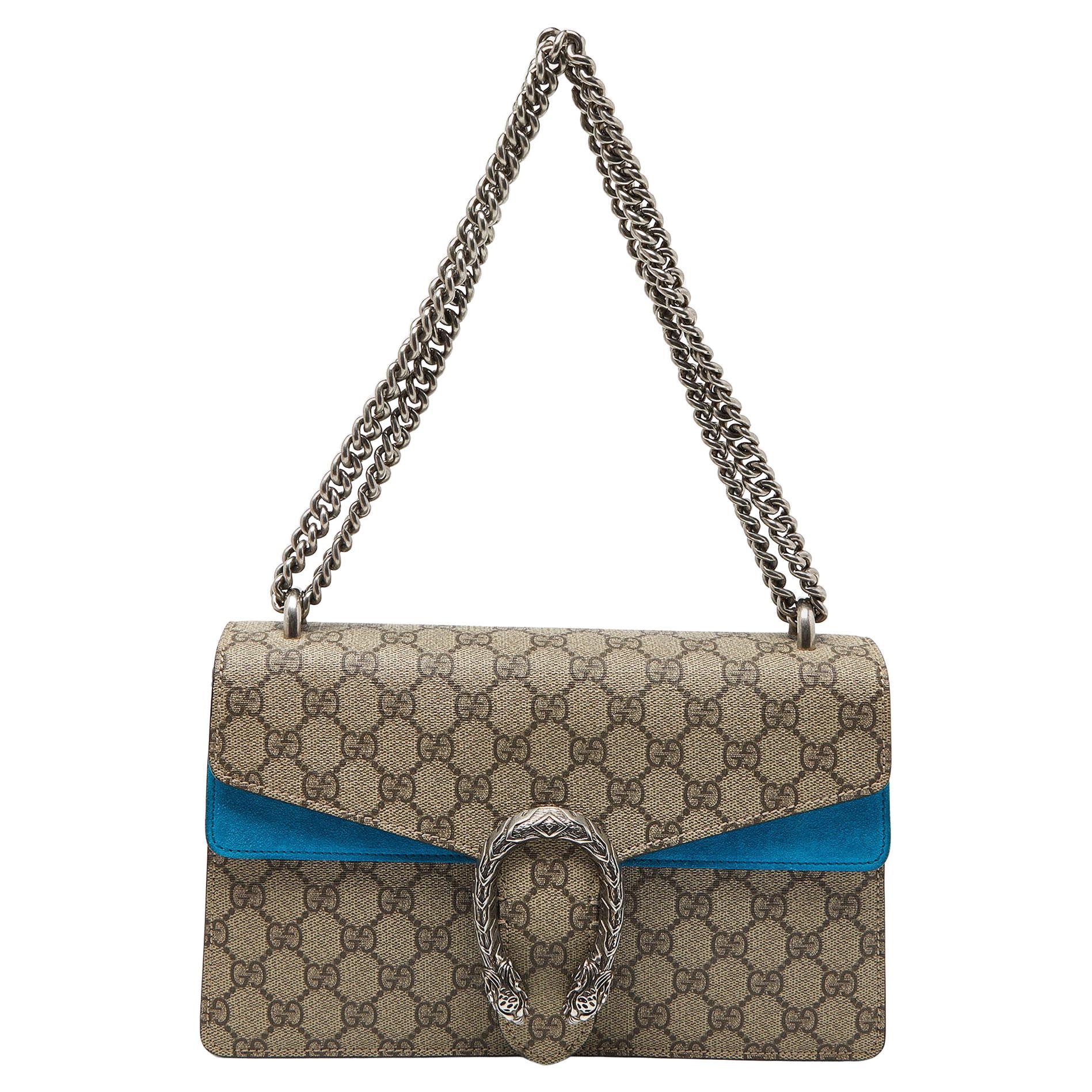 Gucci Beige/Blue GG Supreme Canvas and Suede Small Dionysus Shoulder Bag For Sale