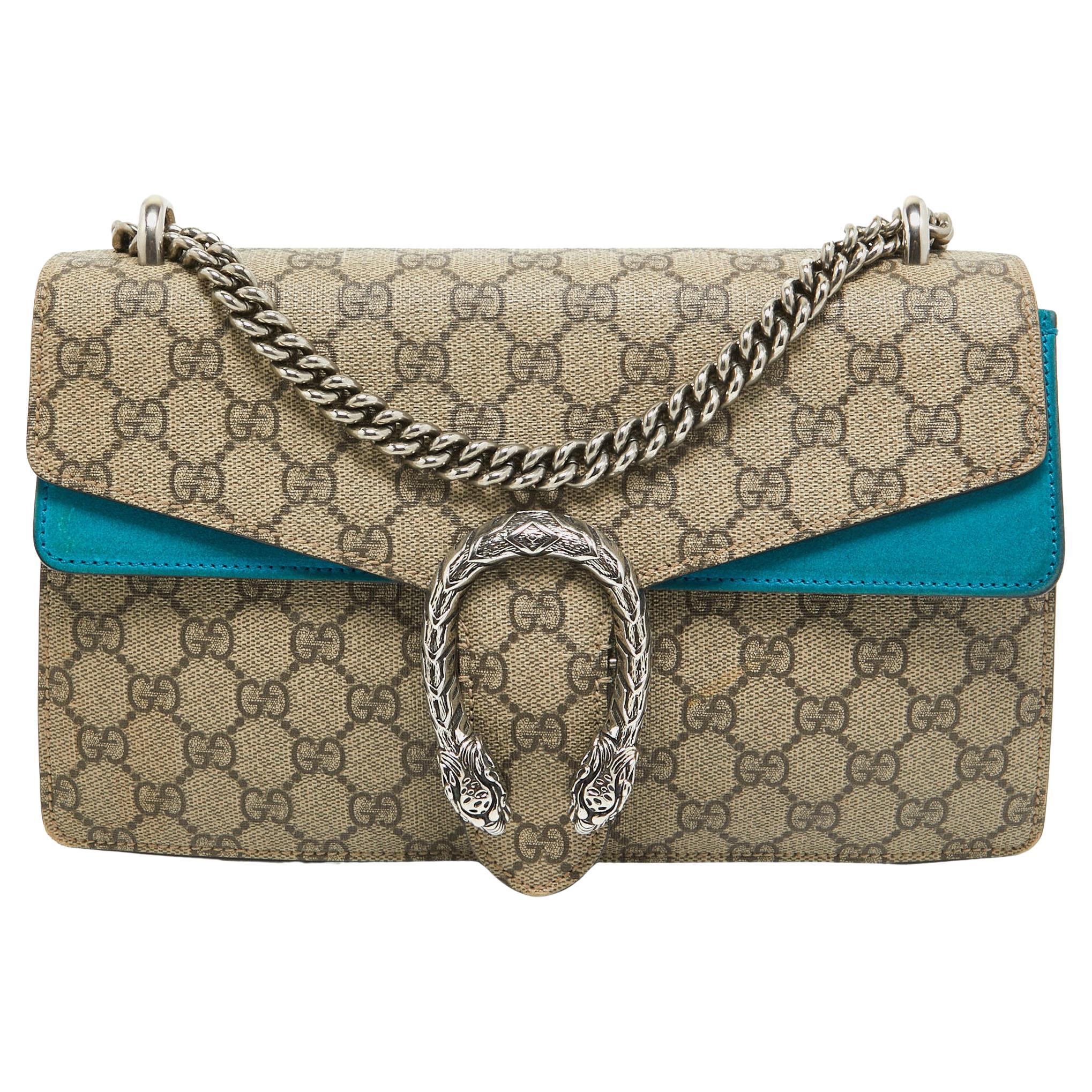 Gucci Beige/Blue GG Supreme Canvas and Suede Small Dionysus Shoulder Bag For Sale