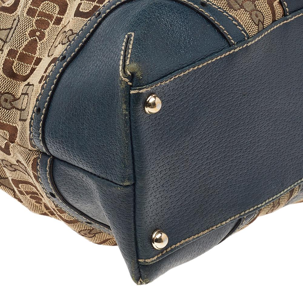 Gucci Beige/Blue Horsebit Canvas And Leather Buckle Handle Shoulder Bag 3