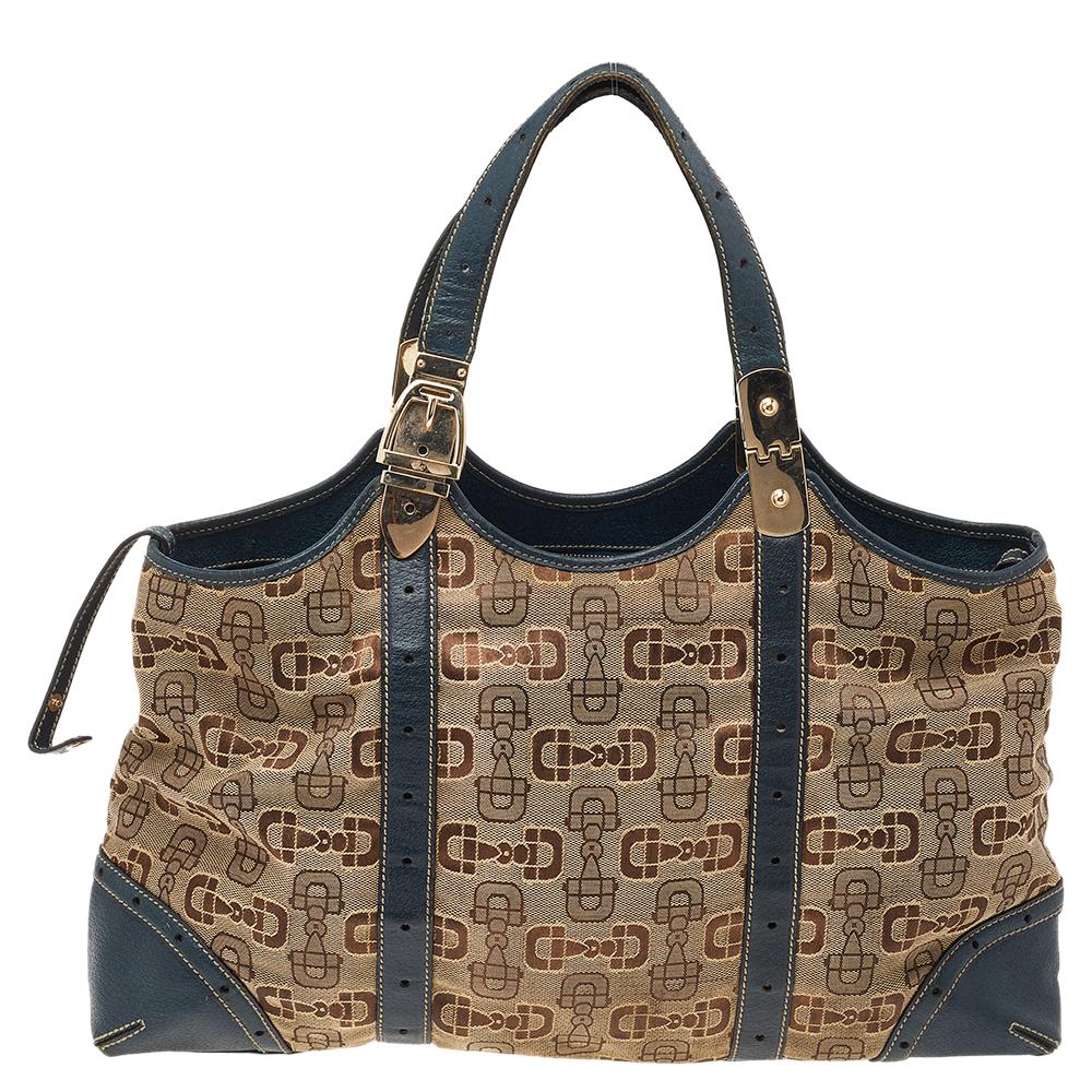Gucci Beige/Blue Horsebit Canvas And Leather Buckle Handle Shoulder Bag In Good Condition In Dubai, Al Qouz 2
