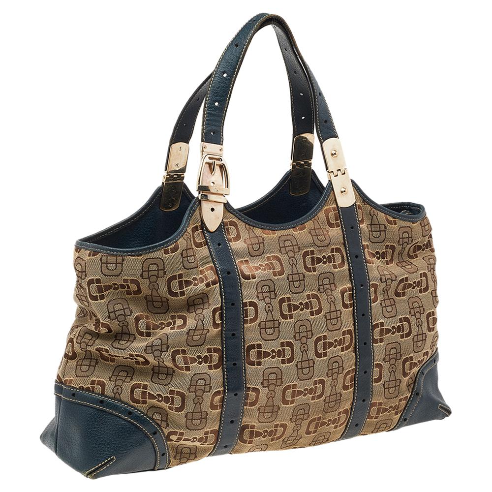 Gucci Beige/Blue Horsebit Canvas And Leather Buckle Handle Shoulder Bag 1