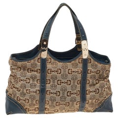 Gucci Beige/Blue Horsebit Canvas And Leather Buckle Handle Shoulder Bag