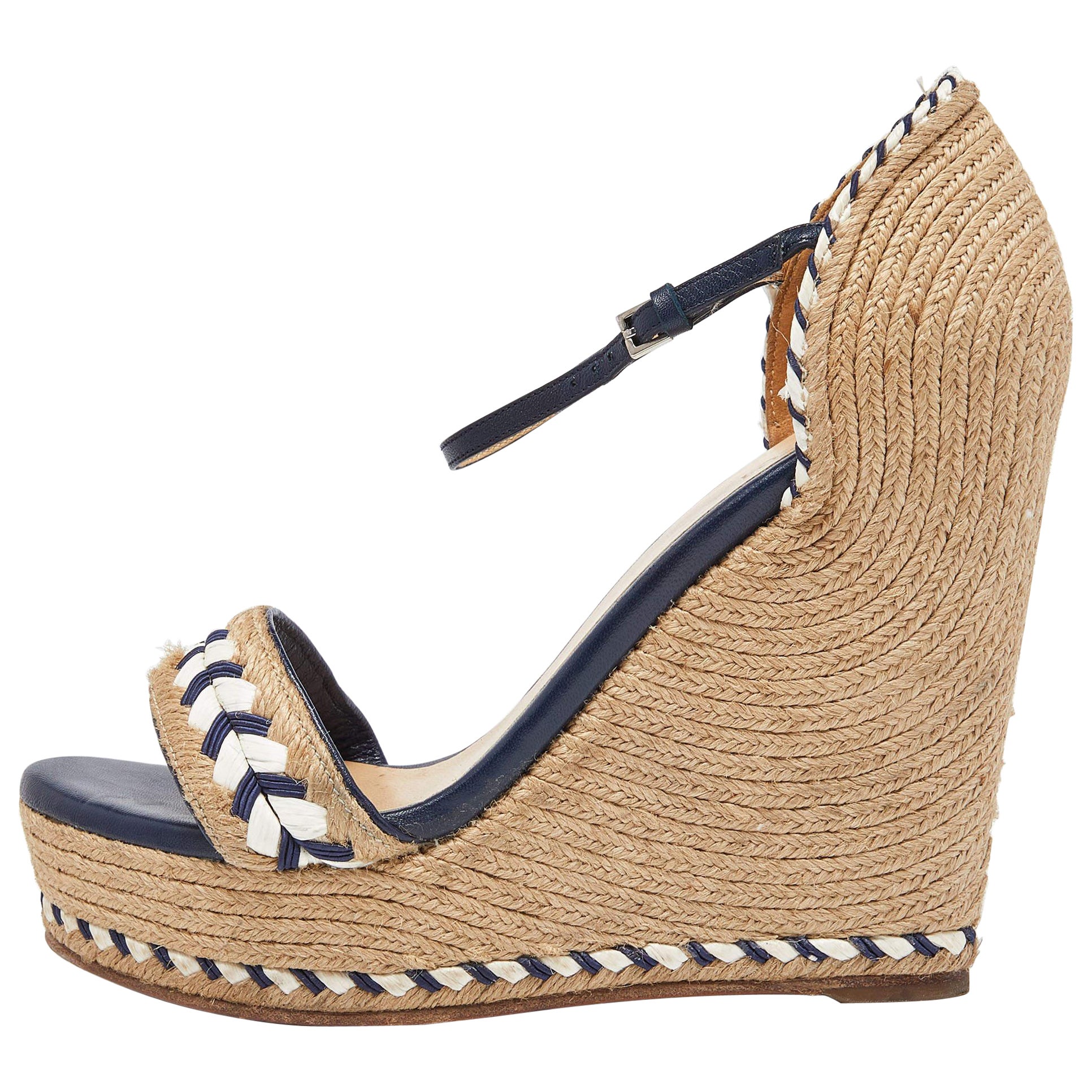 Gucci Beige/Blue Jute and Leather Crystal Espadrille Wedge Sandals Size 39.5