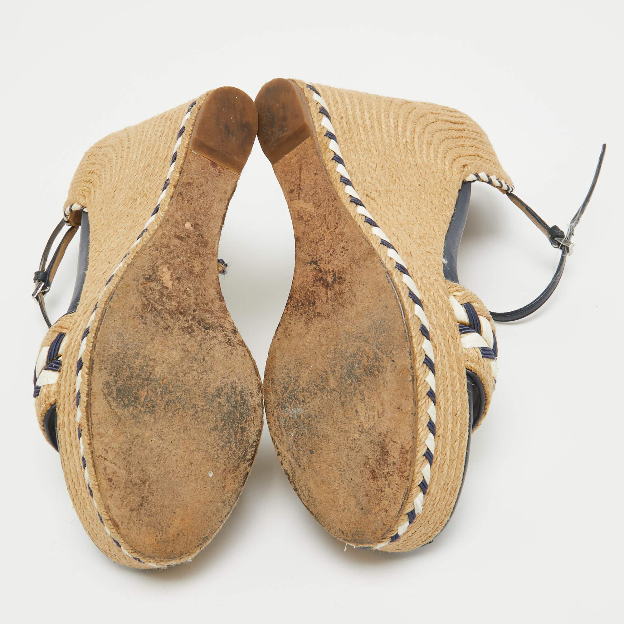 Gucci Beige/Blue Leather and Raffia Wedge Sandals Size 36 1