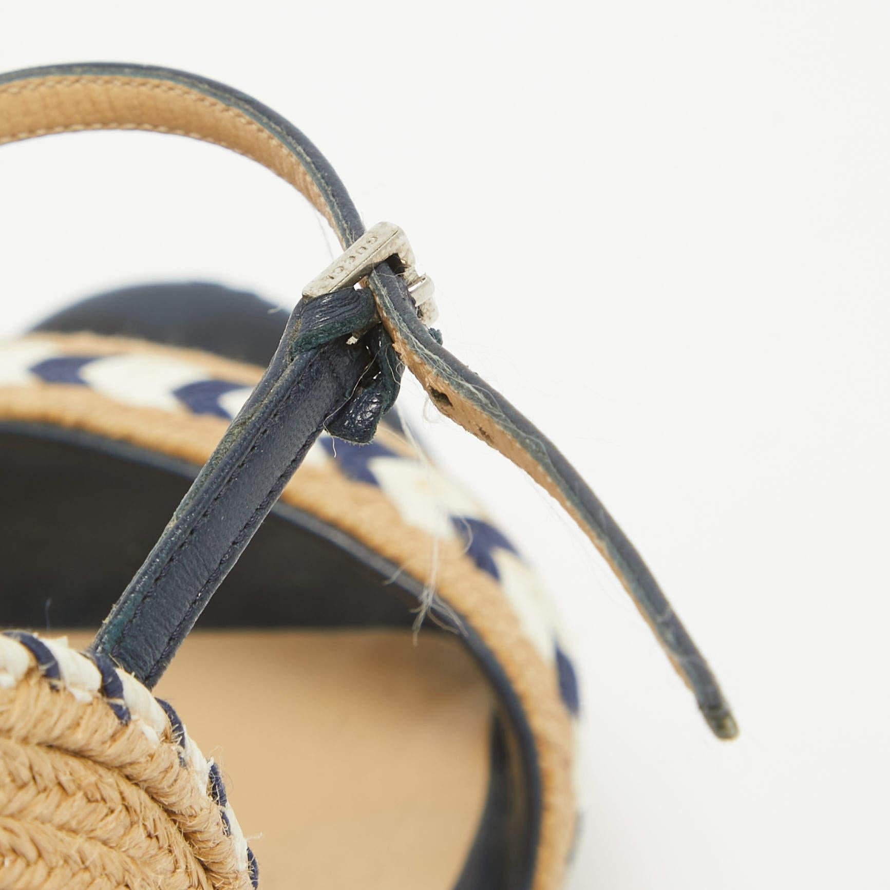 Gucci Beige/Blue Leather and Raffia Wedge Sandals Size 36 3